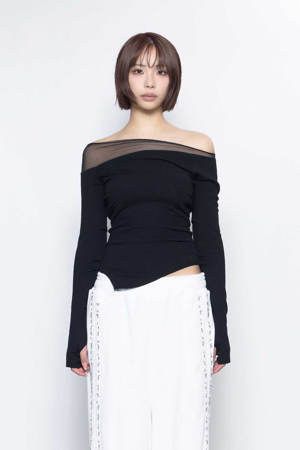 トップス theredthread zip asymmetric tops THEREDTHREAD / ザレッドスレッド】S sheer asymmetric tops