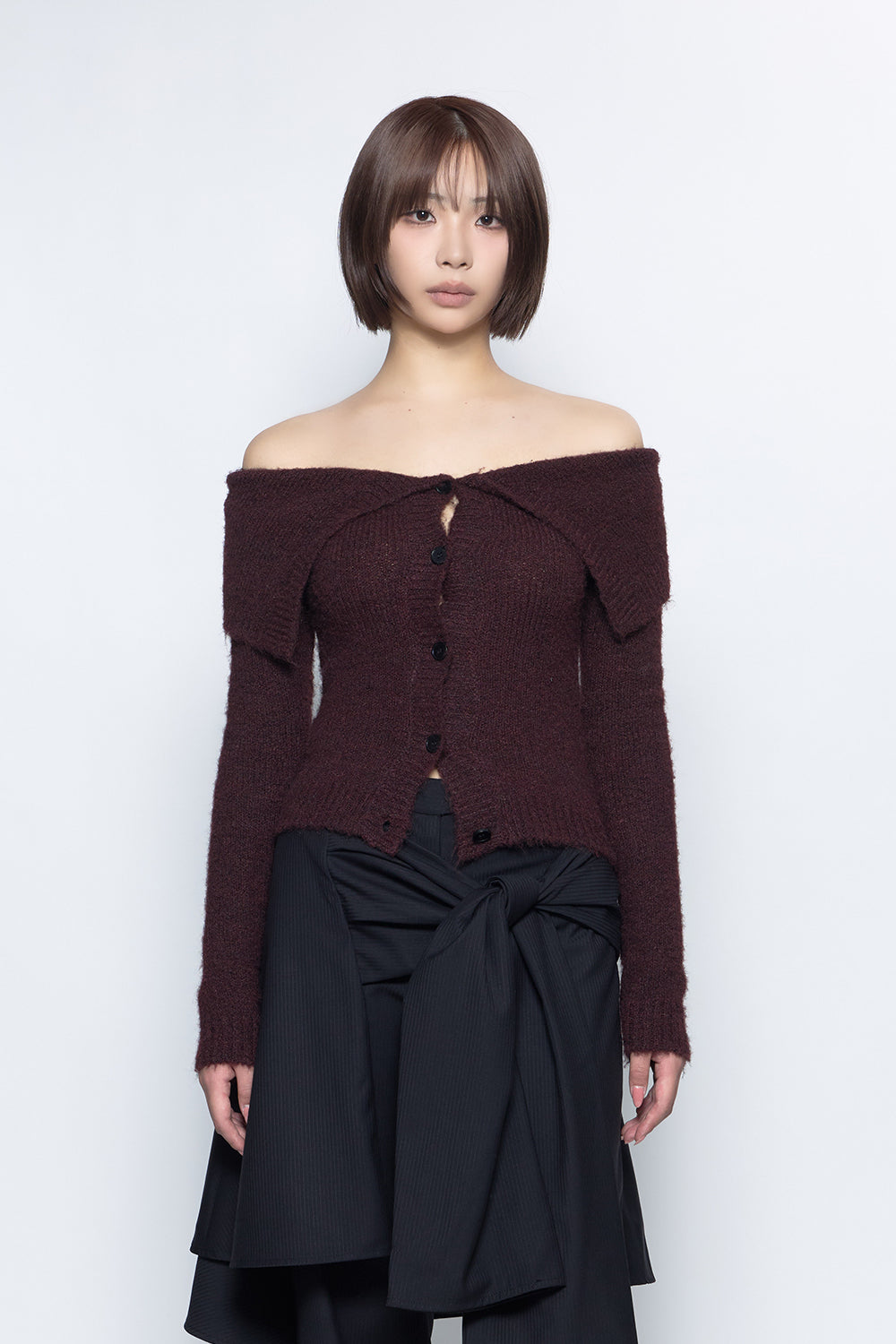 THEREDTHREAD / ザレッドスレッド】S fold collar offshoulder knit THEREDTHREAD / ザレッドスレッド】S fold collar offshoulder knit