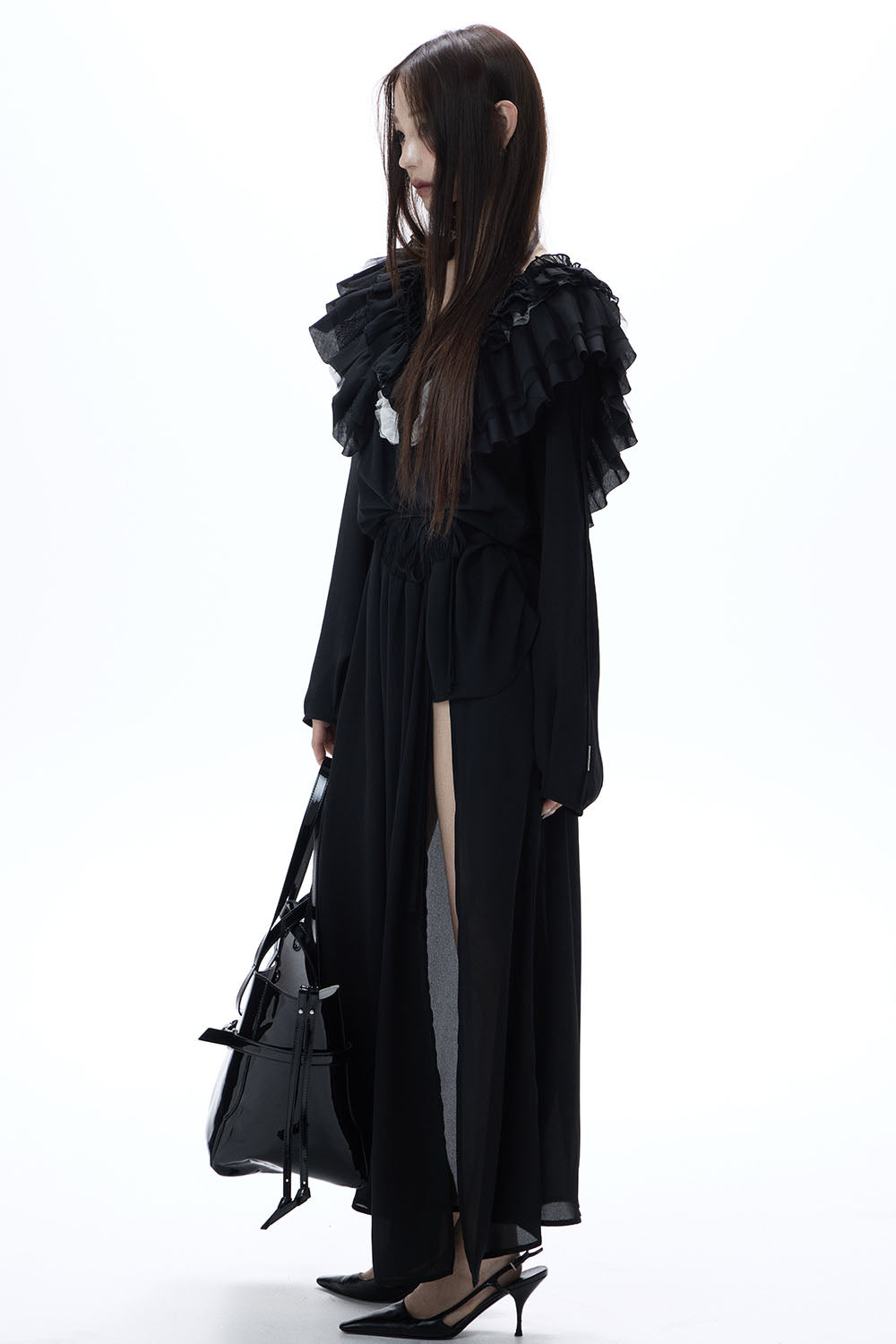 S ruffle chiffon long dress