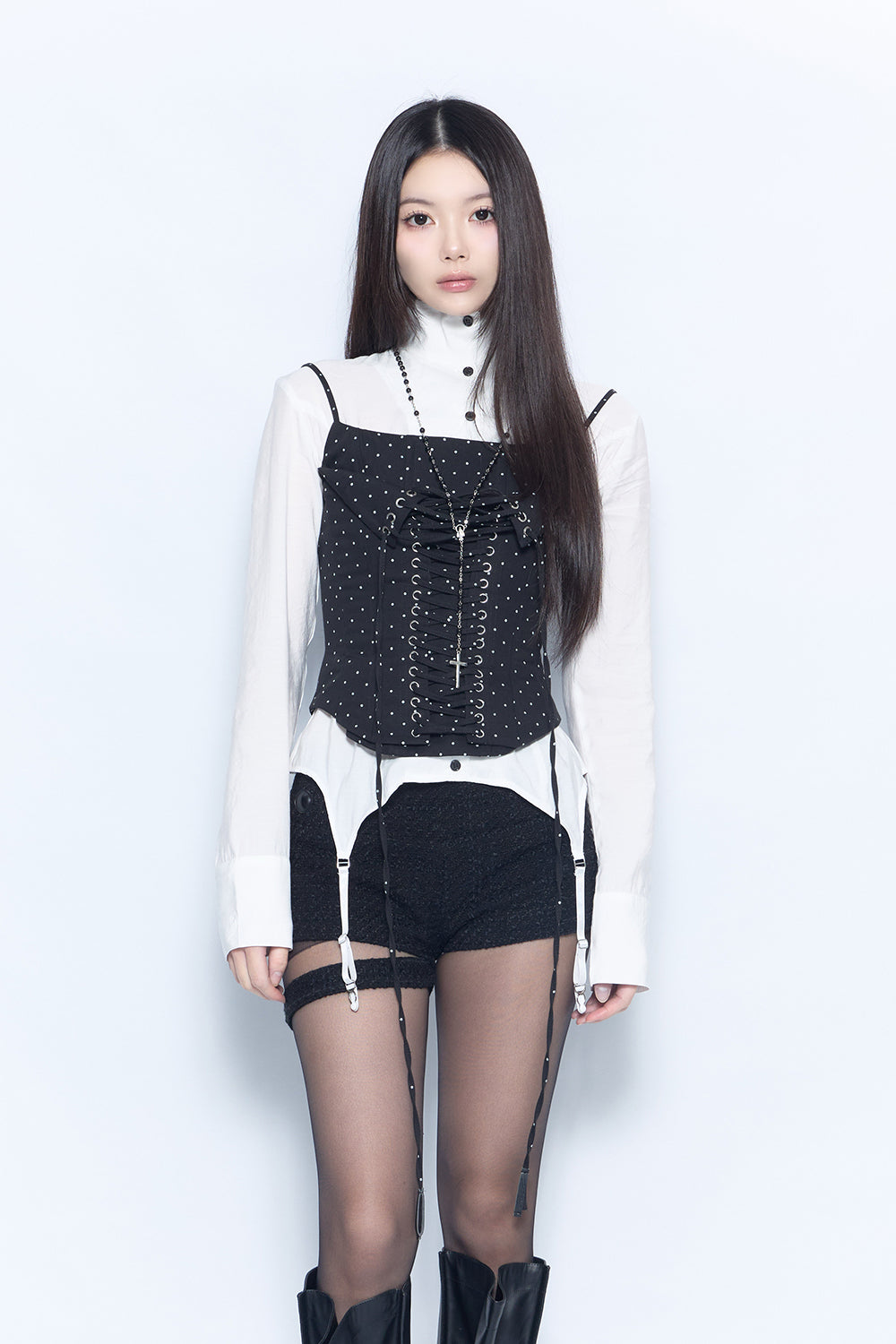 dot lace-up corset blouse