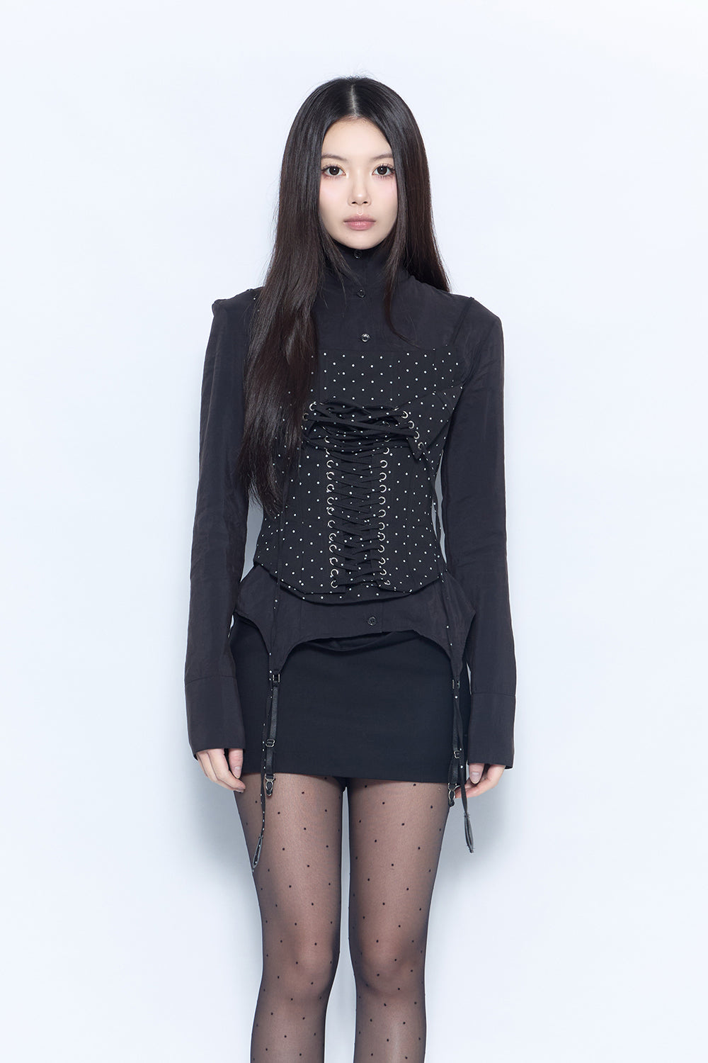 dot lace-up corset blouse
