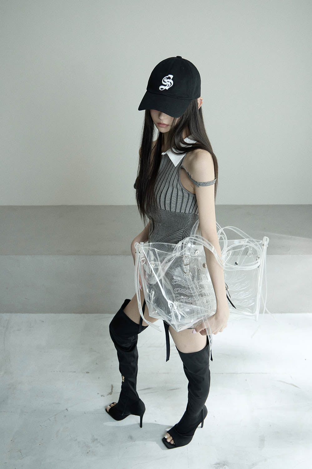ワンピース theredthread S oneshouldershirtknitdress THEREDTHREAD / ザレッドスレッド】S oneshoulder shirt knit dress