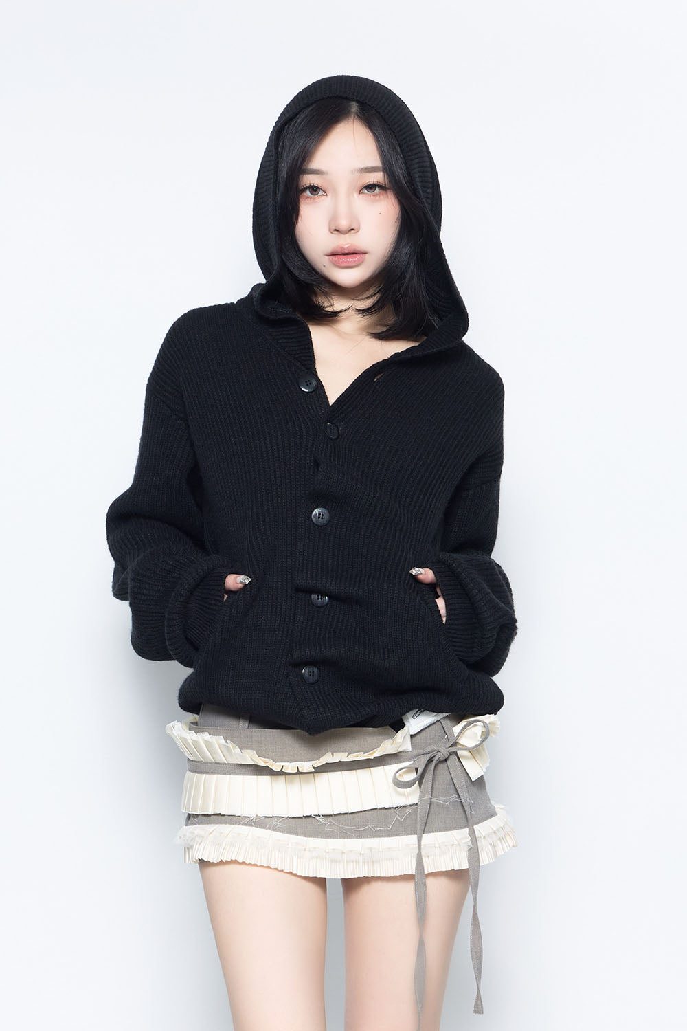 ブラック THEREDTHREAD S button knit hoodie THEREDTHREAD / ザレッドスレッド】S button knit hoodie