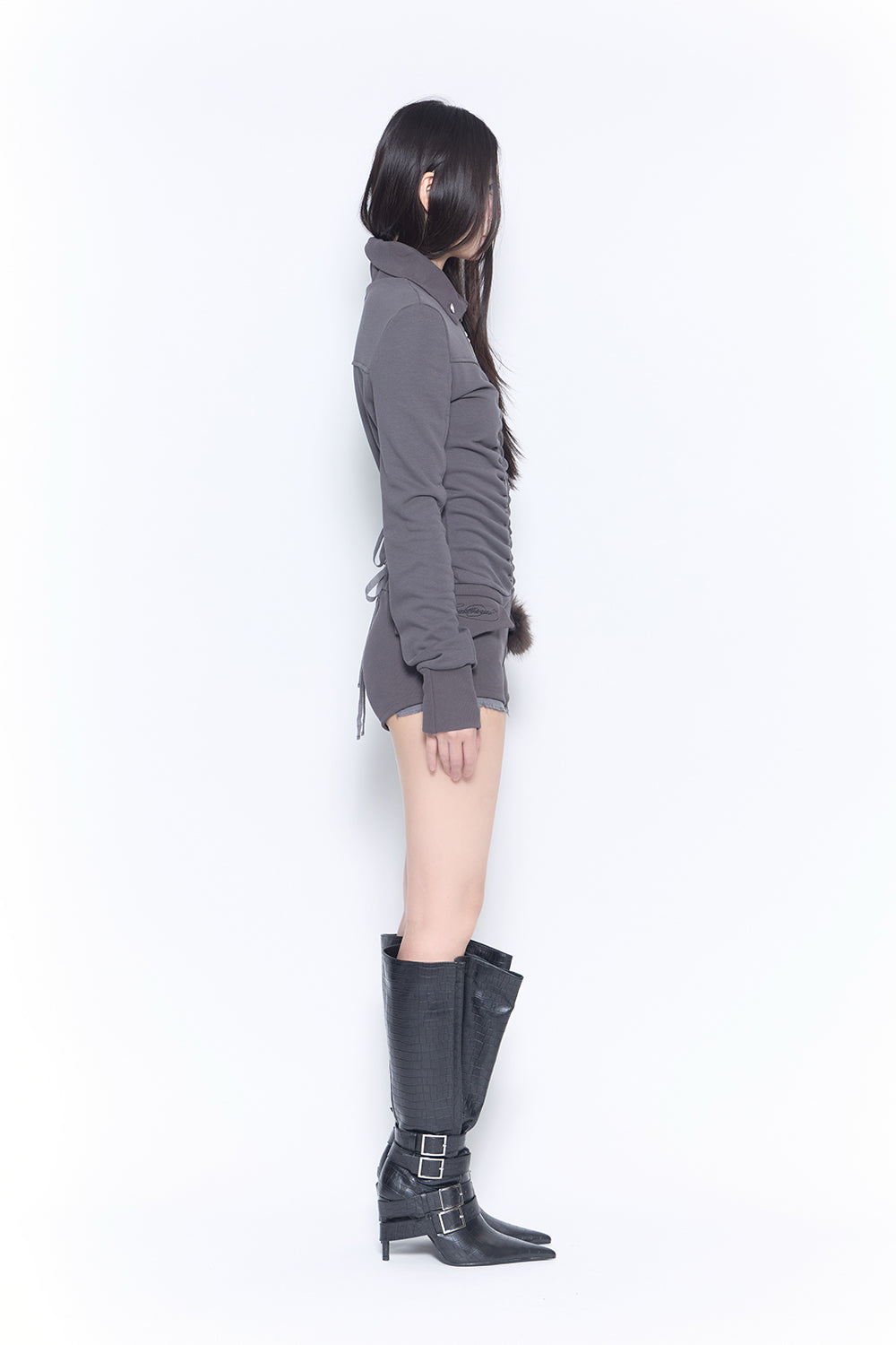ruched zip romper