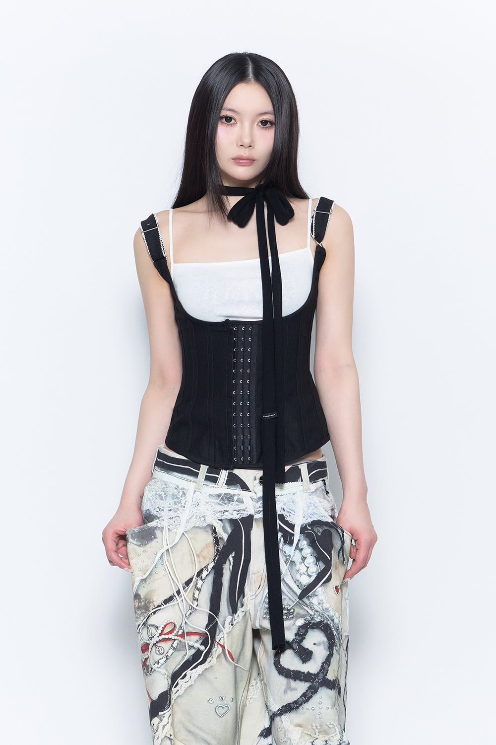 トップス theredthread corset fit tops bk wh THEREDTHREAD / ザレッドスレッド】corset fit tops