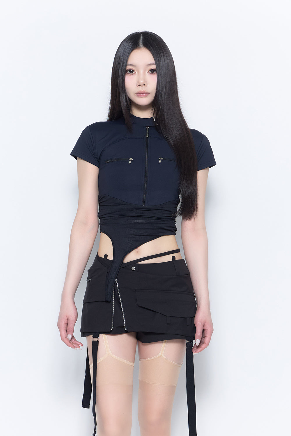 トップス theredthread rib zip bare tops THEREDTHREAD / ザレッドスレッド】zip asymmetric tops