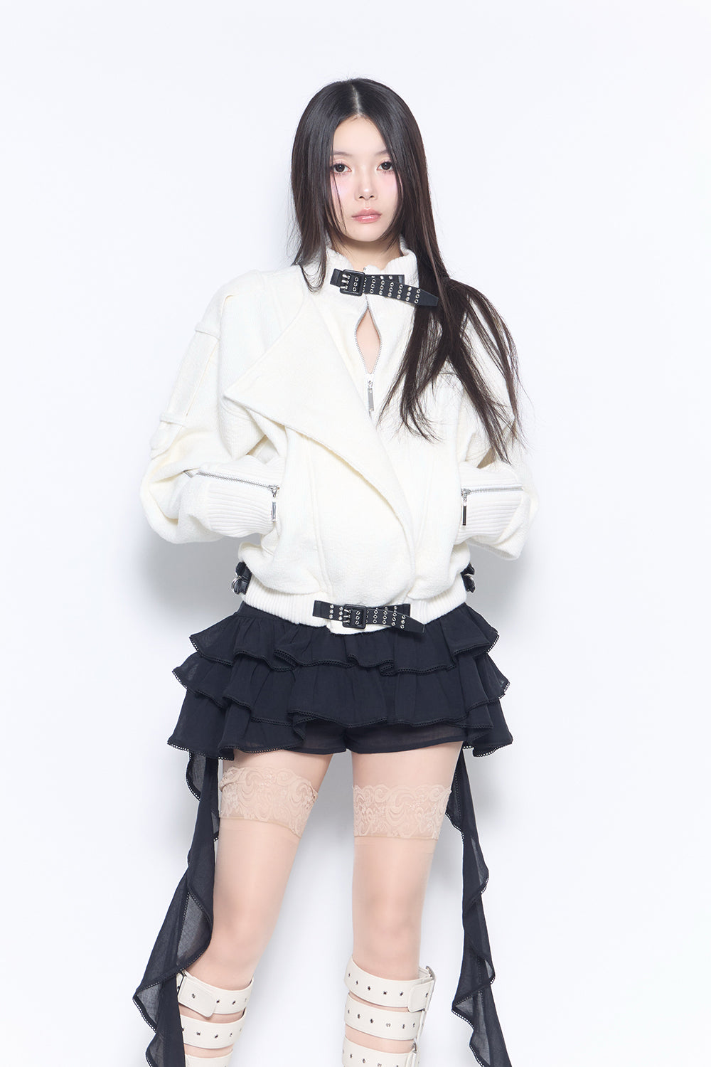 belted lace blouson