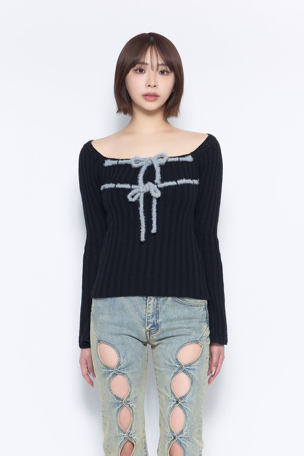 S rib knit tops ribbon
