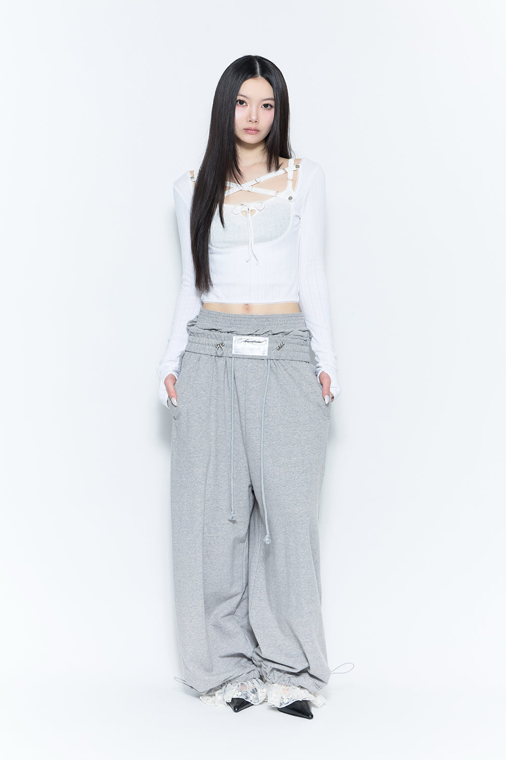 THEREDTHREAD】layered sweat pants lace