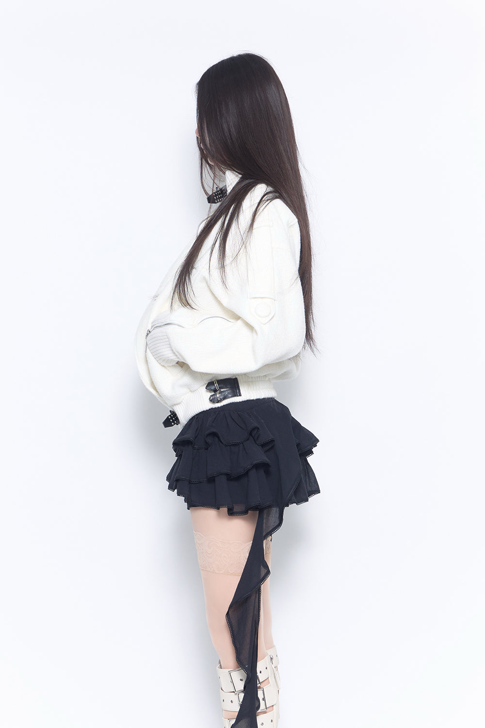 belted lace blouson