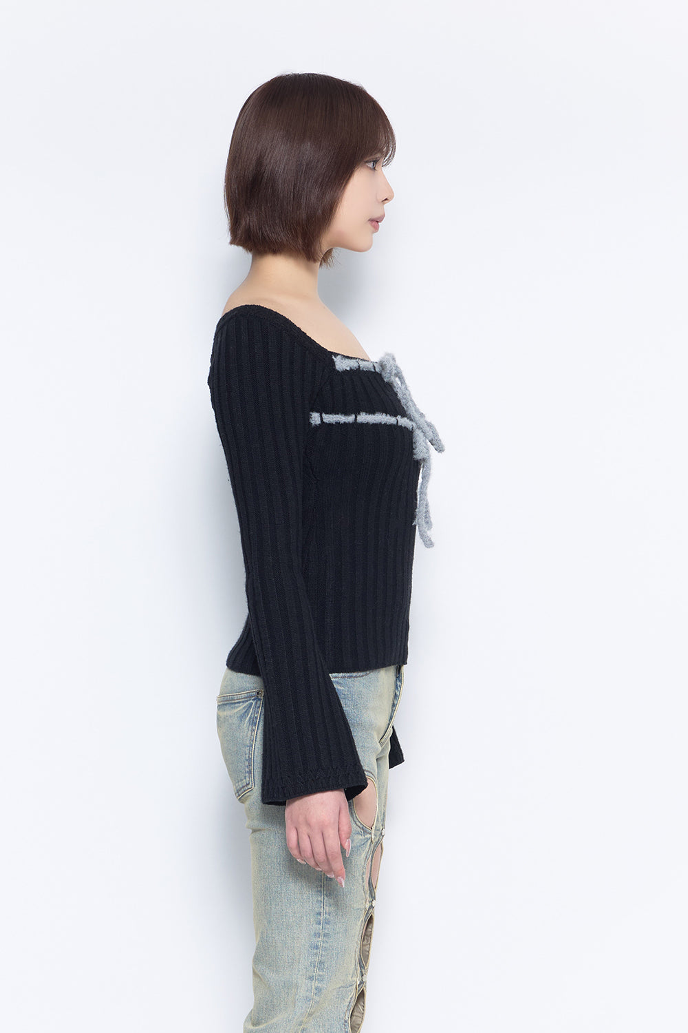 S rib knit tops ribbon