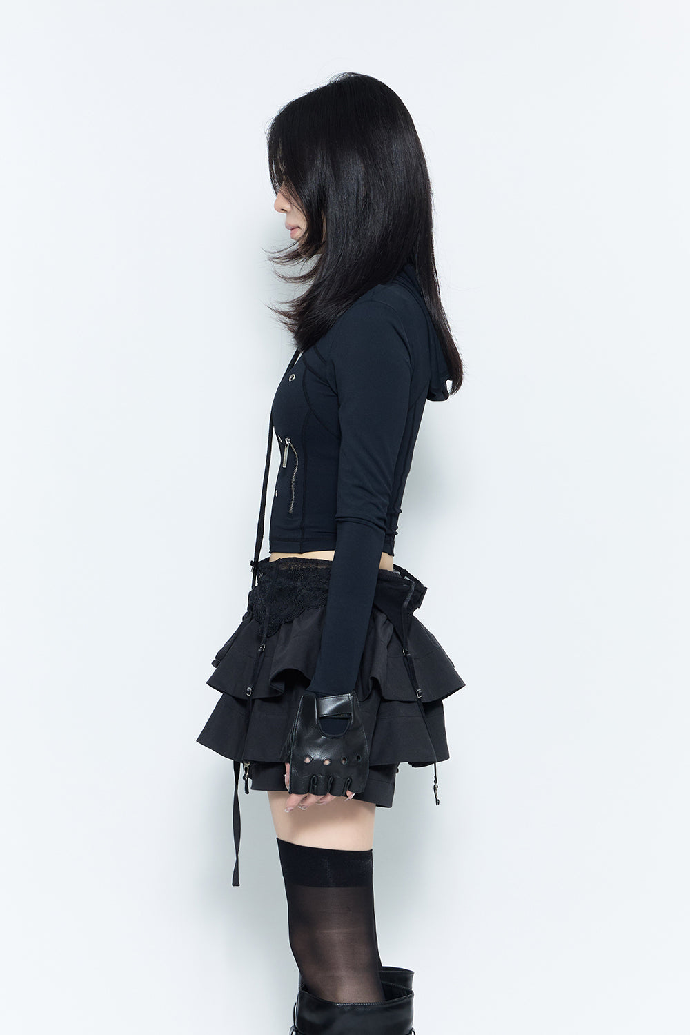 トップス theredthread eyelet zip fit hoodie black THEREDTHREAD】eyelet zip fit hoodie