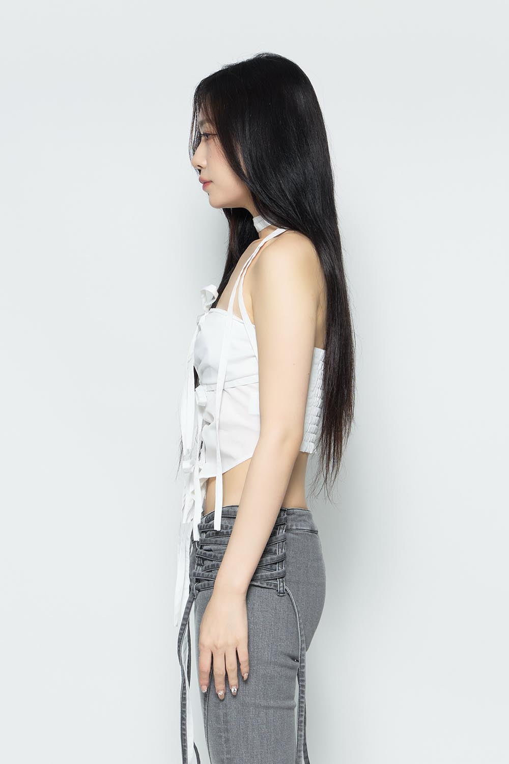THEREDTHREAD S ribbon gather topsグレー THEREDTHREAD / ザレッドスレッド】S ribbon gather tops