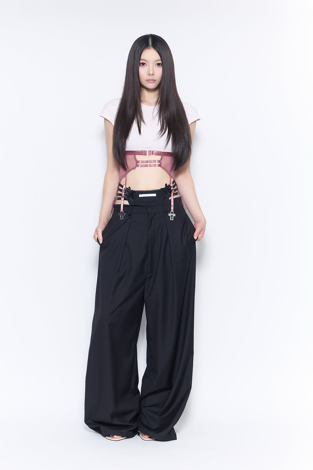 strap layered slacks ribbon