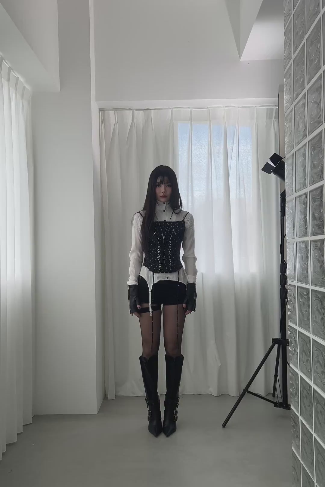 dot lace-up corset blouse
